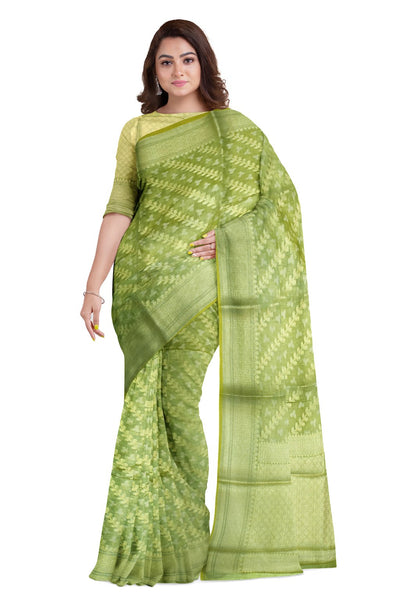 Green Golden Designer Wedding Partywear Pure Handloom Banarasi Zari Hand Embroidery Work Bridal Saree Sari With Blouse Piece BH2B