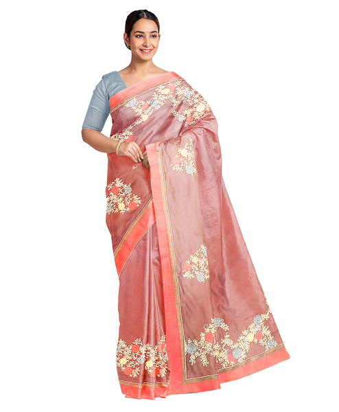Onion Pink Designer Wedding Partywear Silk Beads Thread Work Zari Hand Embroidery Work Bridal Saree Sari With Blouse Piece E599