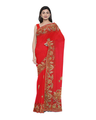 Red Designer Wedding Partywear Georgette Bullion Stone Hand Embroidery Work Bridal Saree Sari With Blouse Piece F483