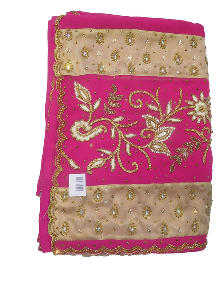 Pink Designer Wedding Partywear Georgette Zari Cutdana Stone Hand Embroidery Work Bridal Saree Sari With Blouse Piece F484