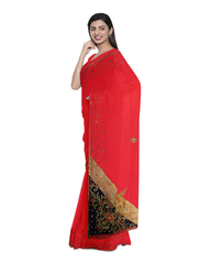 Red Designer Wedding Partywear Georgette Zari Cutdana Stone Hand Embroidery Work Bridal Saree Sari With Blouse Piece F485
