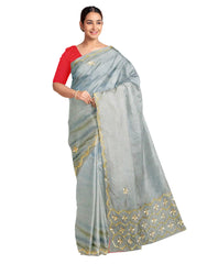 Grey Designer Wedding Partywear Silk Zari Hand Embroidery Work Bridal Saree Sari With Blouse Piece F505
