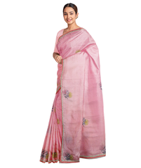 Pink Designer Wedding Partywear Silk Zari Thread Beads Stone Hand Embroidery Work Bridal Saree Sari With Blouse Piece F530