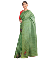 Light Green Designer Wedding Partywear Silk Thread Work Pearl Hand Embroidery Work Bridal Saree Sari With Blouse Piece F542