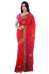 Red Designer Wedding Partywear Georgette Zari Hand Embroidery Work Bridal Saree Sari With Blouse Piece F564