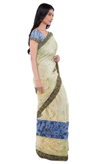 Golden Blue Designer Wedding Partywear Georgette Zari Stone Hand Embroidery Work Bridal Saree Sari With Blouse Piece F565