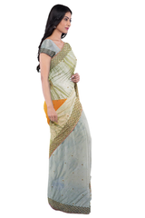 Golden Yellow Designer Wedding Partywear Georgette Zari Stone Hand Embroidery Work Bridal Saree Sari With Blouse Piece F572