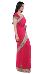Pink Designer Wedding Partywear Georgette Zari Stone Beads Hand Embroidery Work Bridal Saree Sari With Blouse Piece F573