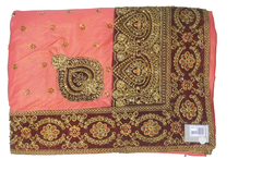 Peach Designer Wedding Partywear Silk Zari Stone Hand Embroidery Work Bridal Saree Sari With Blouse Piece F576