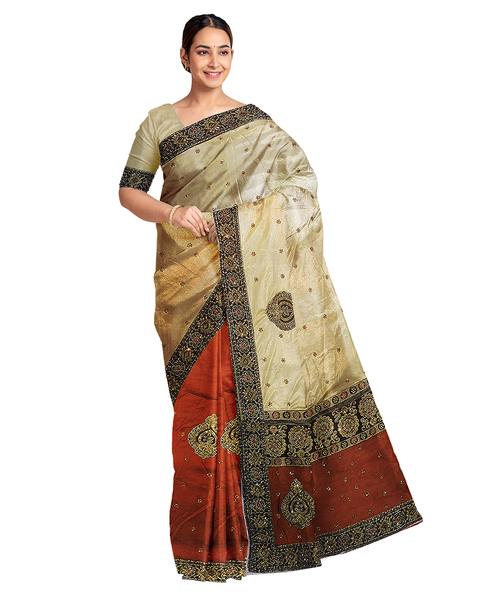 Golden Rust Designer Wedding Partywear Silk Zari Stone Hand Embroidery Work Bridal Saree Sari With Blouse Piece F577