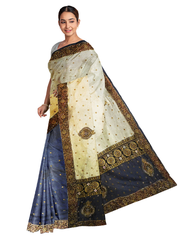 Cream Blue Designer Wedding Partywear Silk Zari Stone Hand Embroidery Work Bridal Saree Sari With Blouse Piece F578