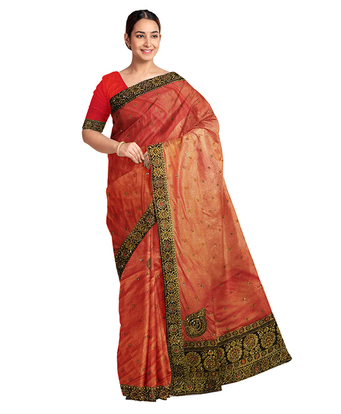 Red Designer Wedding Partywear Silk Zari Stone Hand Embroidery Work Bridal Saree Sari With Blouse Piece F579