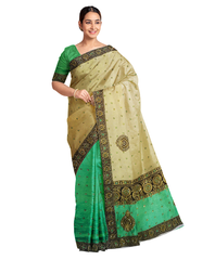 Golden Green Designer Wedding Partywear Silk Zari Stone Hand Embroidery Work Bridal Saree Sari With Blouse Piece F580