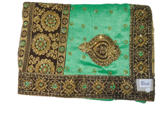 Golden Green Designer Wedding Partywear Silk Zari Stone Hand Embroidery Work Bridal Saree Sari With Blouse Piece F580