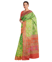 Green Designer Wedding Partywear Silk Thread Work Printed Hand Embroidery Work Bridal Saree Sari With Blouse Piece F581