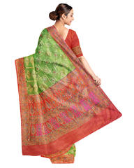 Green Designer Wedding Partywear Silk Thread Work Printed Hand Embroidery Work Bridal Saree Sari With Blouse Piece F581