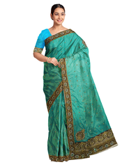 Turquoise Blue Designer Wedding Partywear Silk Zari Stone Hand Embroidery Work Bridal Saree Sari With Blouse Piece F586