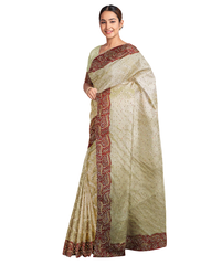 Cream Designer Wedding Partywear Jackard Zari Stone Beads Hand Embroidery Work Bridal Saree Sari With Blouse Piece F587