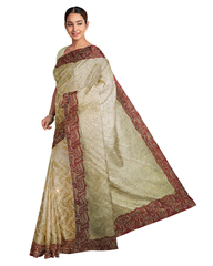 Cream Designer Wedding Partywear Jackard Zari Stone Beads Hand Embroidery Work Bridal Saree Sari With Blouse Piece F587