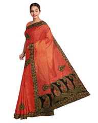 Rust Designer Wedding Partywear Silk Zari Thread Work Stone Hand Embroidery Work Bridal Saree Sari With Blouse Piece F590