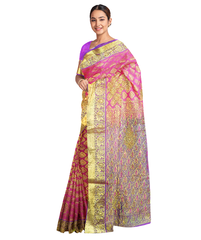 Pink Violet Designer Wedding Partywear Silk Zari Thread Work Stone Hand Embroidery Work Bridal Saree Sari With Blouse Piece F594