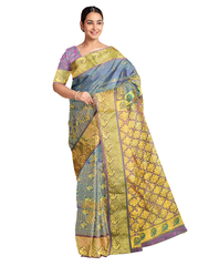 Golden Blue Designer Wedding Partywear Silk Zari Thread Work Stone Hand Embroidery Work Bridal Saree Sari With Blouse Piece F596