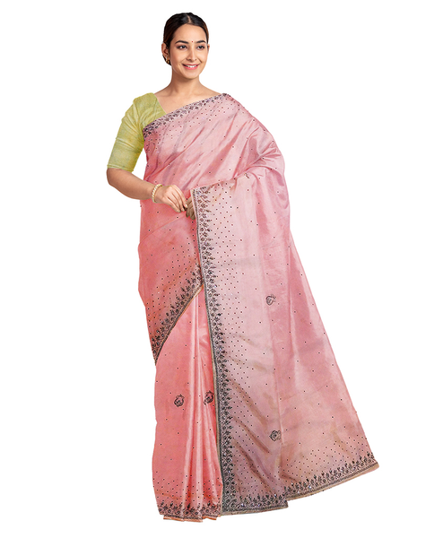 Pink Designer Wedding Partywear Silk Stone Beads Hand Embroidery Work Bridal Saree Sari With Blouse Piece F600