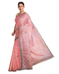 Pink Designer Wedding Partywear Silk Stone Beads Hand Embroidery Work Bridal Saree Sari With Blouse Piece F600