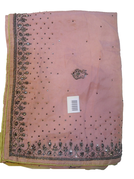 Pink Designer Wedding Partywear Silk Stone Beads Hand Embroidery Work Bridal Saree Sari With Blouse Piece F600