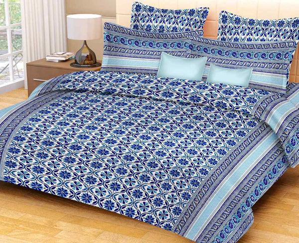 Blue Pure Cotton Double Bed Printed Bedsheet
