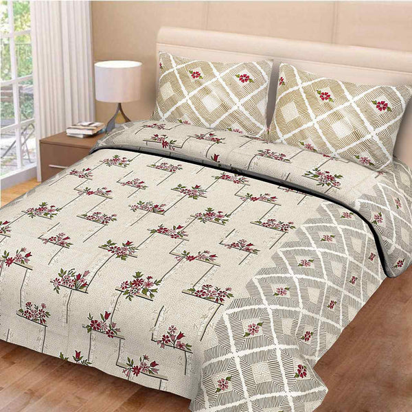 Beige Pure Cotton Double Bed Printed Bedsheet