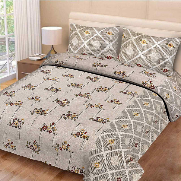 Beige Pure Cotton Double Bed Printed Bedsheet