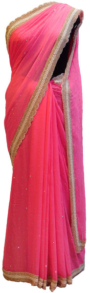 Pink Designer Georgette (Viscos) Cutwork Border Hand Embroidery Work Saree Sari
