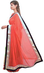 Red & Green Designer Georgette (Viscos) Beads Bullion Sequence Zari Thread Sari Saree