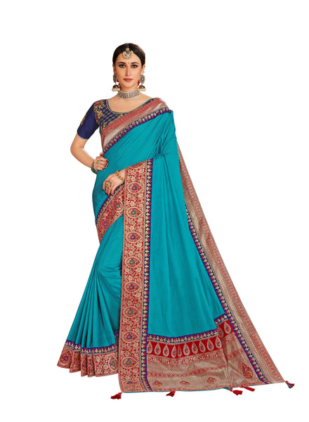 Blue Poly Silk Embroidered Jacquard Pallu Fancy Designer Saree Sari