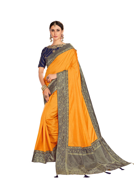 Yellow Poly Silk Embroidered Jacquard Pallu Fancy Designer Saree Sari