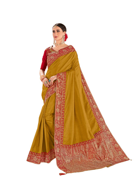 Mustard Poly Silk Embroidered Jacquard Pallu Fancy Designer Saree Sari