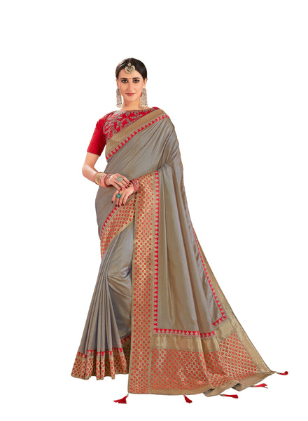 Beige Poly Silk Embroidered Jacquard Pallu Fancy Designer Saree Sari