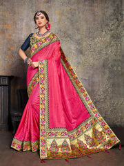 Pink Poly Silk Embroidered Stone Work Jacquard Border Saree Sari