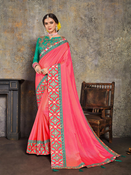 Pink Poly Silk Embroidered Stone Work Jacquard Border Saree Sari