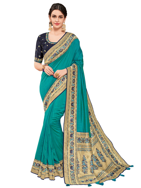 Cyan Two-Tone Silk Fabrics Heavy Stone Design Silk Art Saree Sari