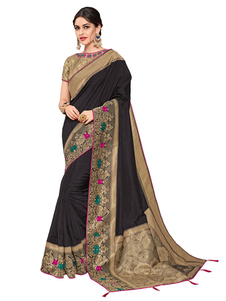 Black & Golden Silk Fabrics Heavy Stone Design Silk Art Saree Sari