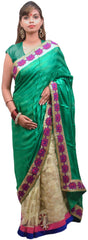 Green & Cream Designer Crep & Net Hand Embroidery Stone Bullion Sequence Zari Thread Beads Work Saree Sari