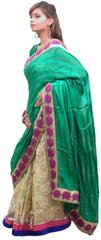 Green & Cream Designer Crep & Net Hand Embroidery Stone Bullion Sequence Zari Thread Beads Work Saree Sari