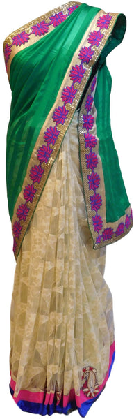 Green & Cream Designer Crep & Net Saree Sari