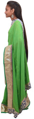 Green Designer Georgette (Viscos) Hand Embroidery Stone Cutdana Bullion Beads Zardoji Thread Saree Sari