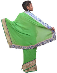 Green Designer Georgette (Viscos) Hand Embroidery Stone Cutdana Bullion Beads Zardoji Thread Saree Sari