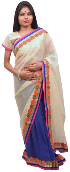 Cream Blue Designer Net & Georgette (Viscos) Thread Zari Sequence Saree Sari With Stylish Blouse