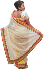 Cream Yellow Net & Georgette (Viscos) Designer Hand Embroidery Thread Zari Sequence Work Sari Saree With Stylish Blouse