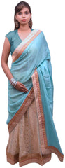 Turquoise & Cream Designer Wedding Partywear Crepe (Chinon) & Net Hand Embroidery Zari Seqeuence Thread Work Kolkata Lahenga Style Saree Sari PSSAC116